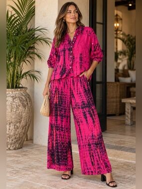 Heidi Houston Tie-Dye Set Button-Front Women’s Top and Pants in Magenta